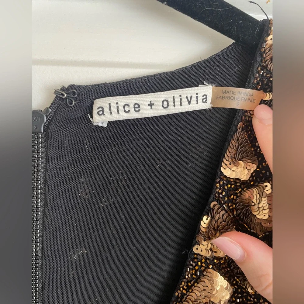 Alice +‎ Olivia Nora Metallic Embellished Mini Cocktail Dress XS Long Sleeve